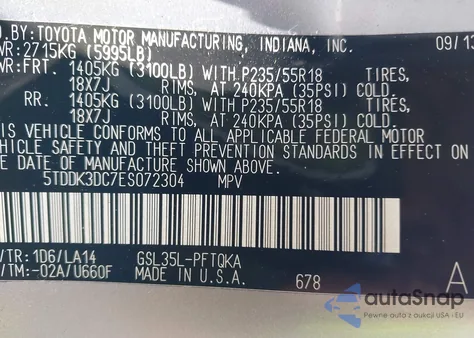 2014 Toyota Sienna Limited 7 Passenger из США, поврежденный, VIN 5TDDK3DC7ES072304